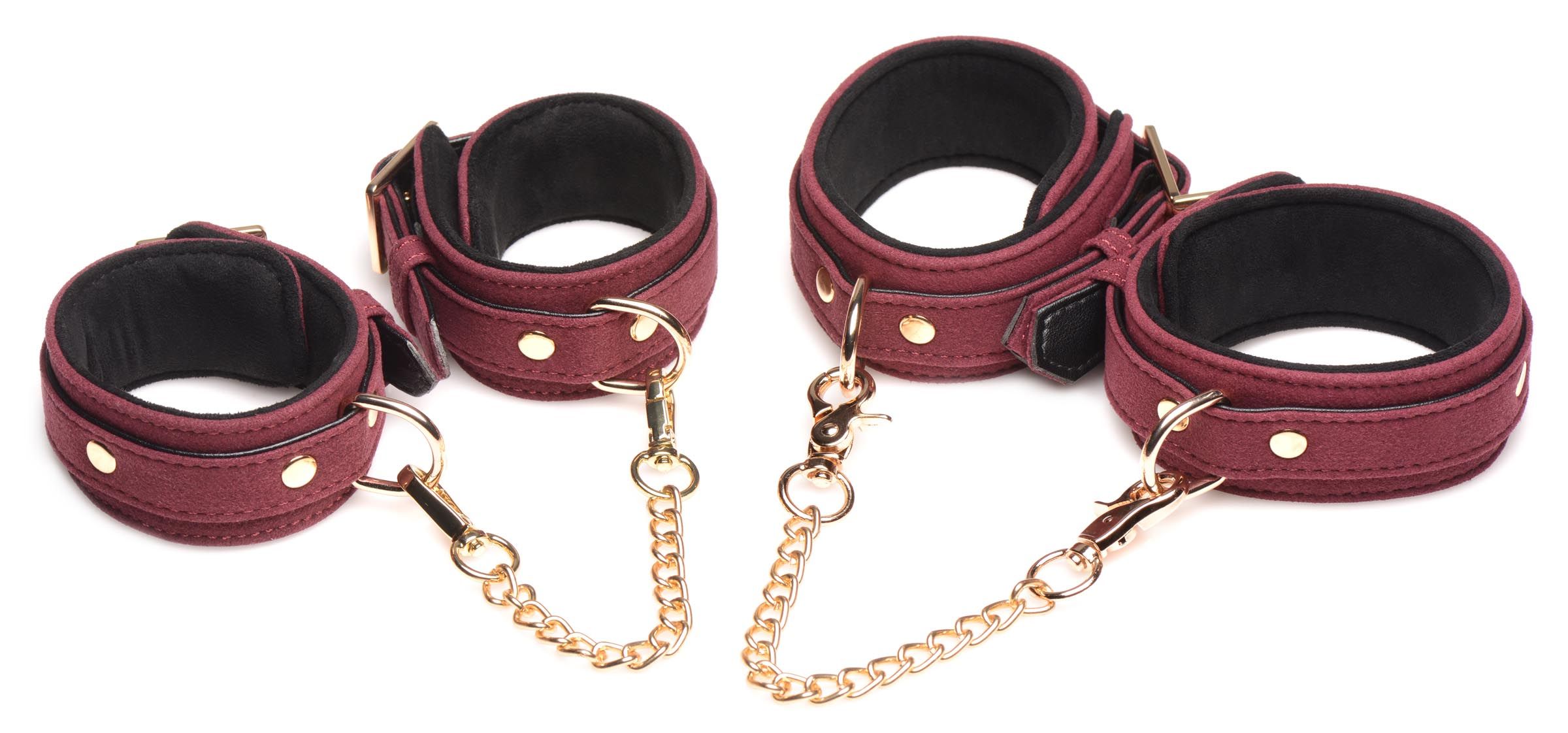 6-Piece BDSM Suede Cuff Set With Collar And Strap - Burgandy
